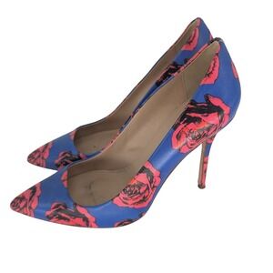J. Crew Floral Rose Pointed Toe Pumps 10 Blue Pink Leather Statement Stiletto